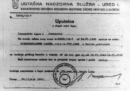 A formal Ustasha order for a Jew Samuel Hirschenhauser to report to Jasenovac